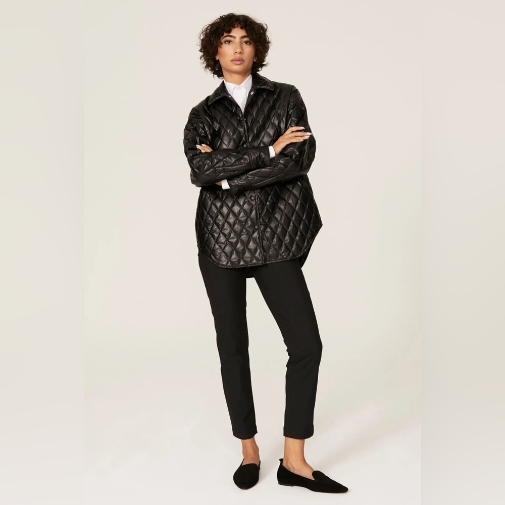 Theory Black Diamond Quilted Faux Leather Snap Front DownShirt Jacket Large